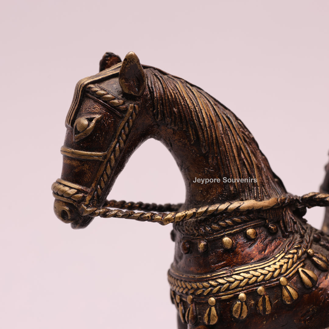 Handcrafted Brass Dhokra Horse with a Rider Sculpture
