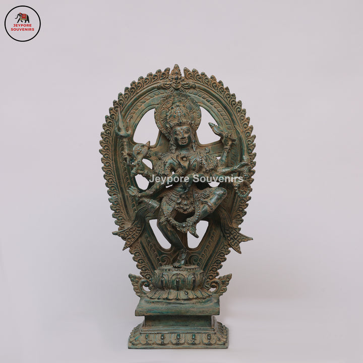 Antique Brass Six-Armed Dancing Durga Idol with Prabhavali