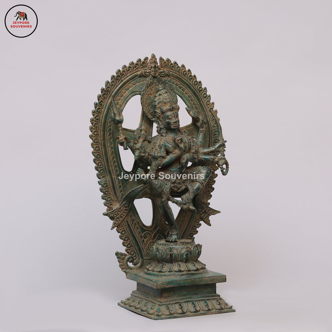 Antique Brass Six-Armed Dancing Durga Idol with Prabhavali