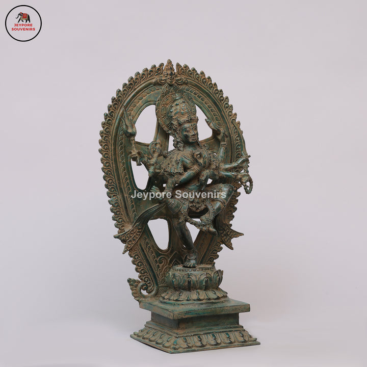Antique Brass Six-Armed Dancing Durga Idol with Prabhavali