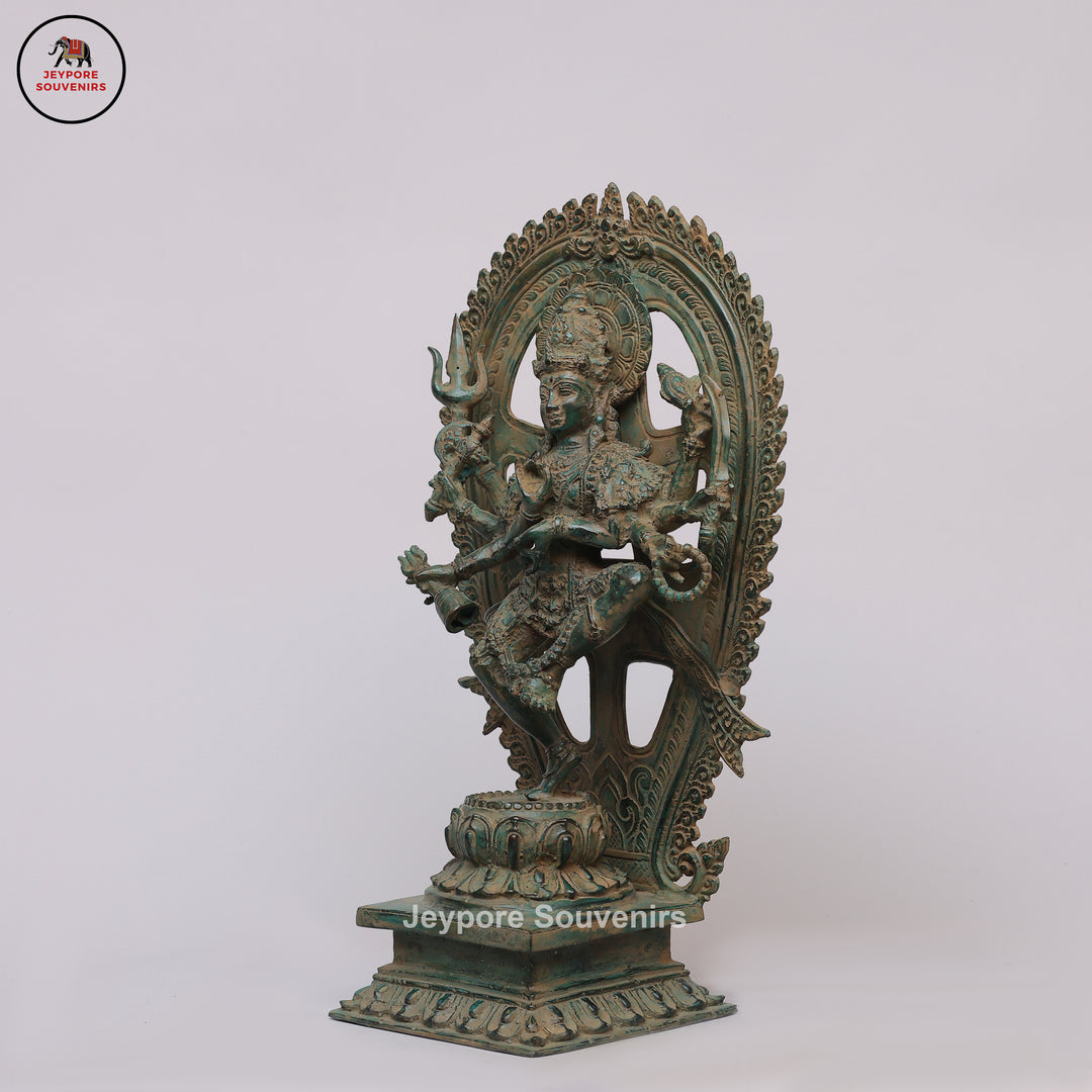 Antique Brass Six-Armed Dancing Durga Idol with Prabhavali