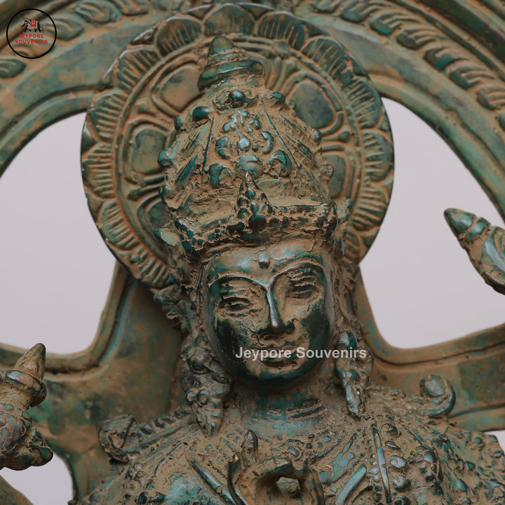 Antique Brass Six-Armed Dancing Durga Idol with Prabhavali
