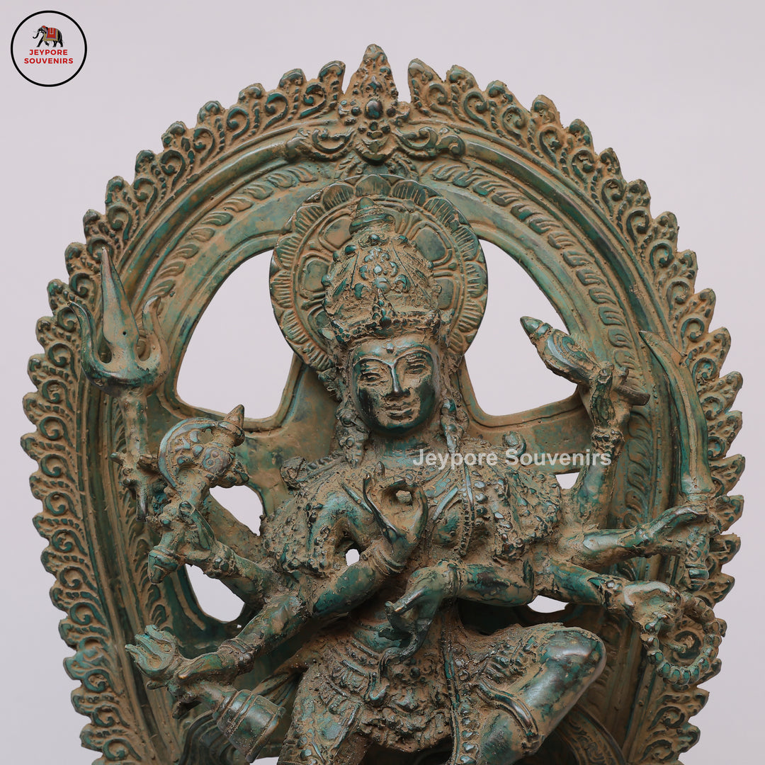 Antique Brass Six-Armed Dancing Durga Idol with Prabhavali
