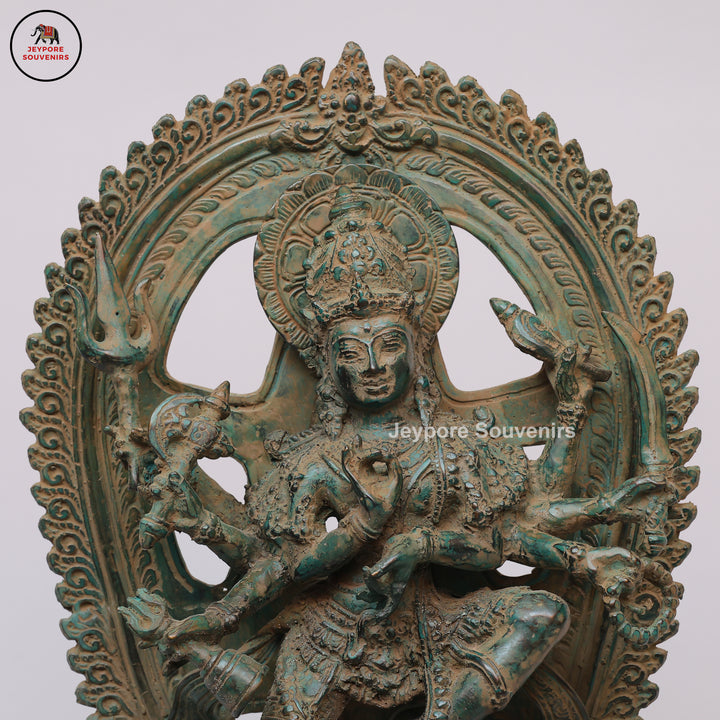 Antique Brass Six-Armed Dancing Durga Idol with Prabhavali
