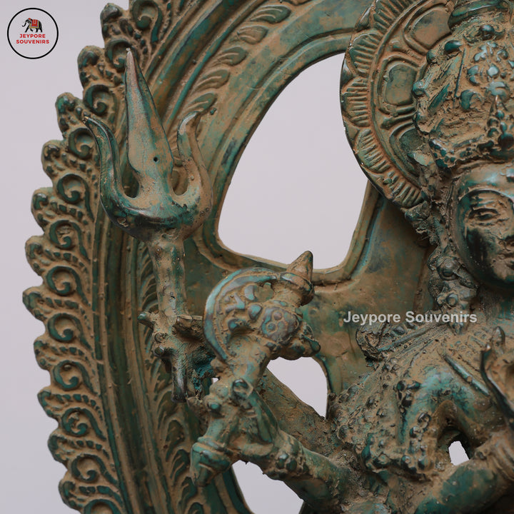 Antique Brass Six-Armed Dancing Durga Idol with Prabhavali