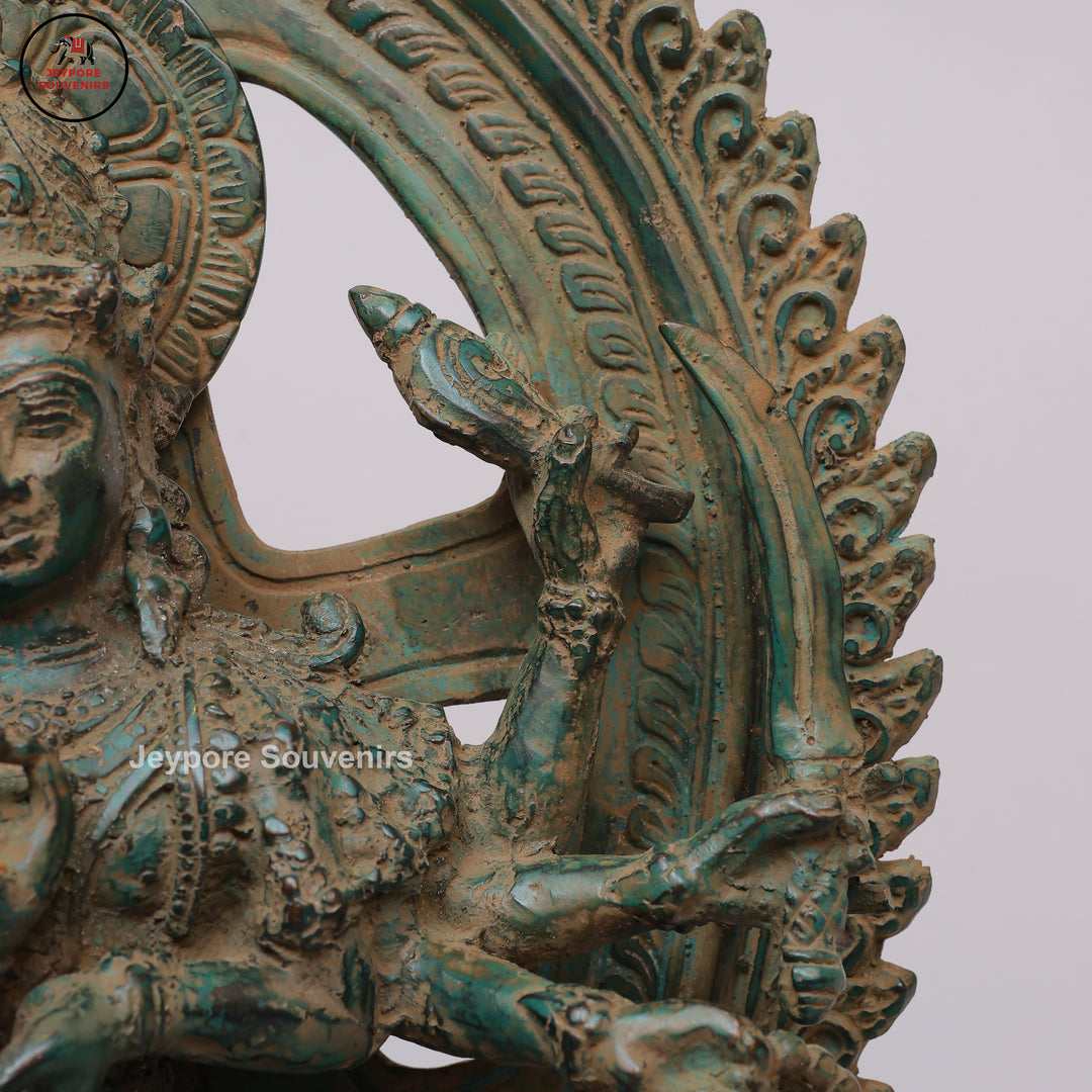 Antique Brass Six-Armed Dancing Durga Idol with Prabhavali