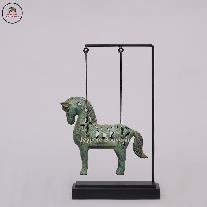 Antique Bronze Hanging Horse Sculpture with Verdigris Finish