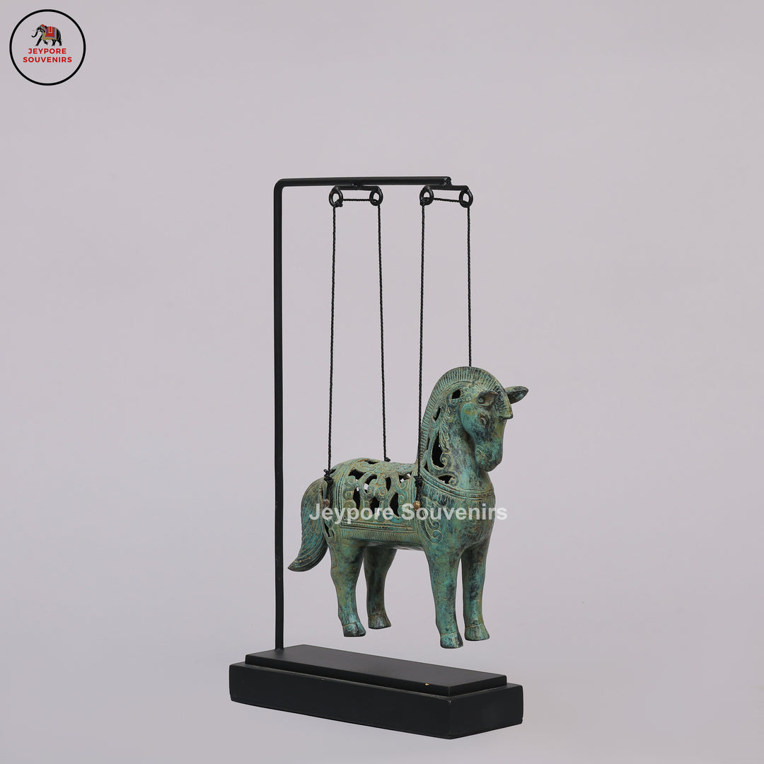 Antique Bronze Hanging Horse Sculpture with Verdigris Finish