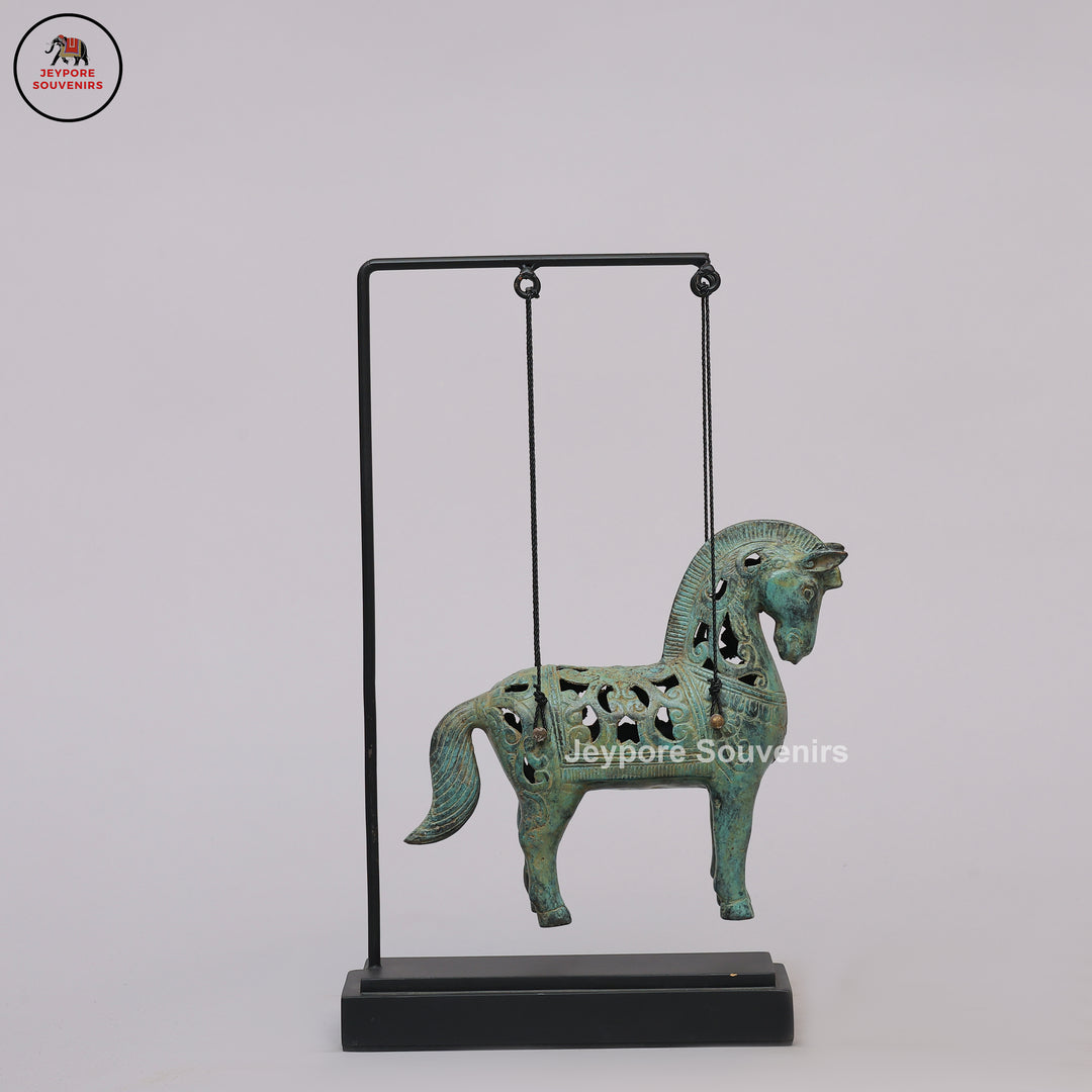 Antique Bronze Hanging Horse Sculpture with Verdigris Finish