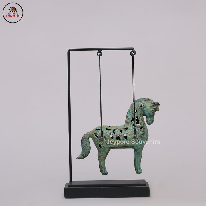 Antique Bronze Hanging Horse Sculpture with Verdigris Finish