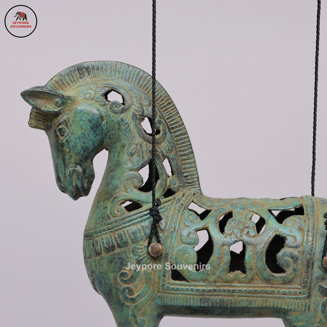 Antique Bronze Hanging Horse Sculpture with Verdigris Finish