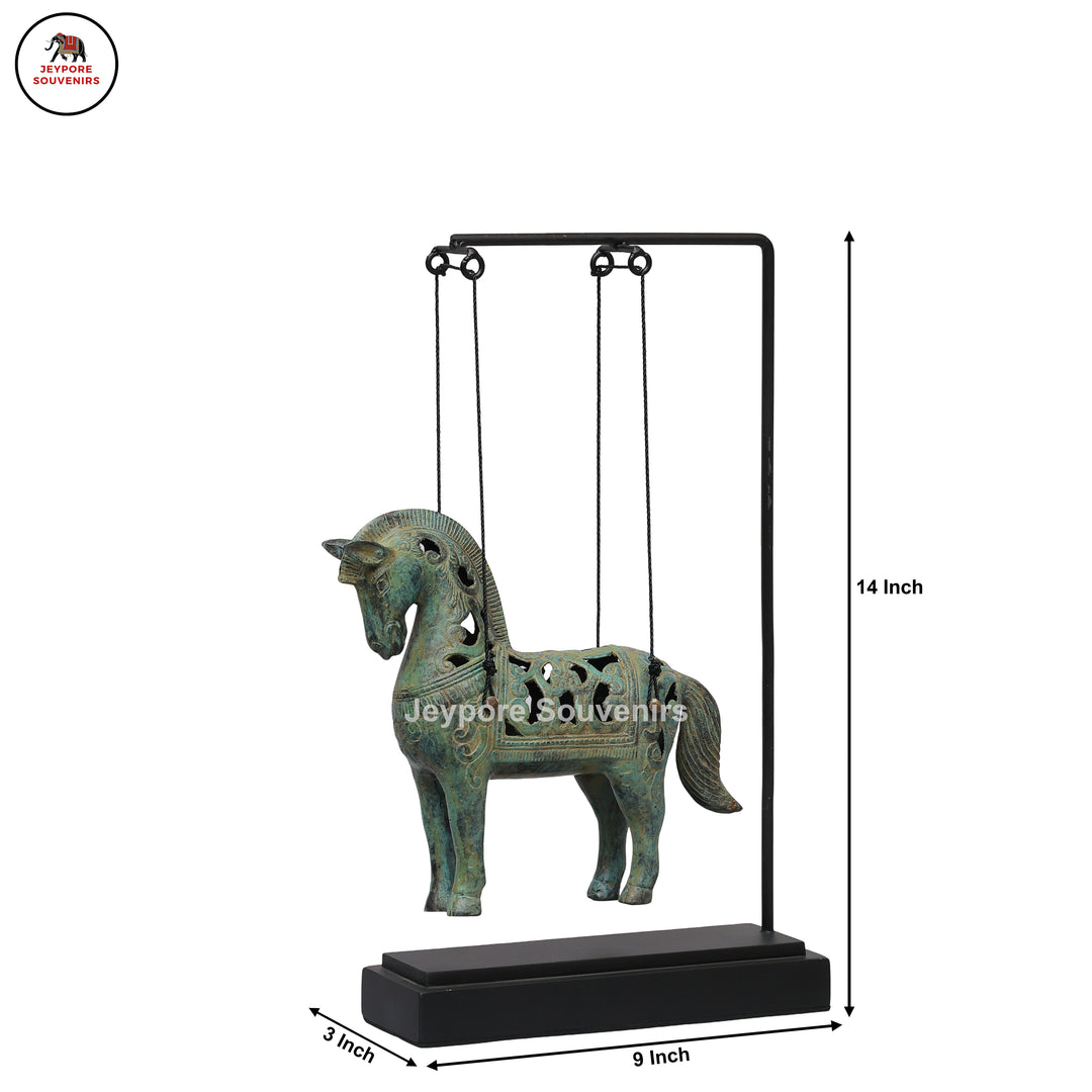 Antique Bronze Hanging Horse Sculpture with Verdigris Finish