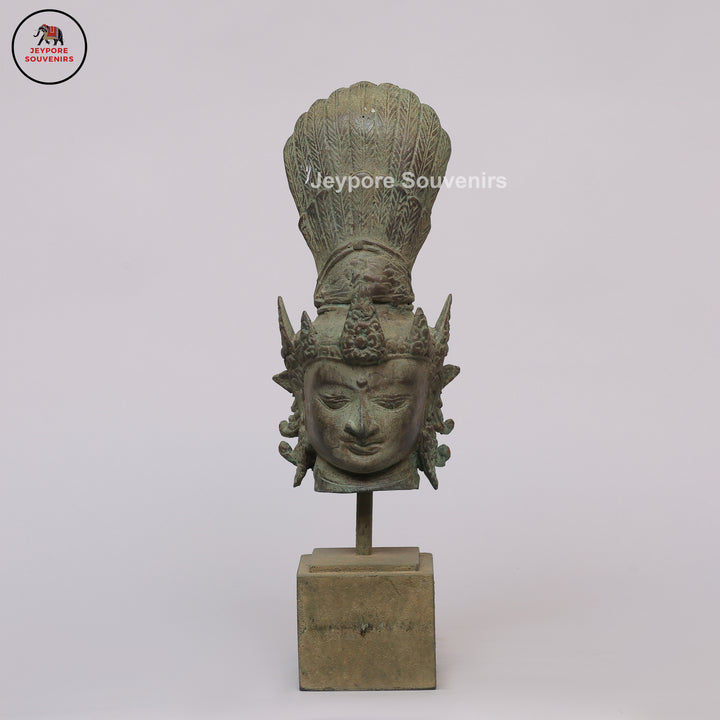 Antique Indonesian Bronze Deity Bust with Ornate Crown &amp; Green Patina