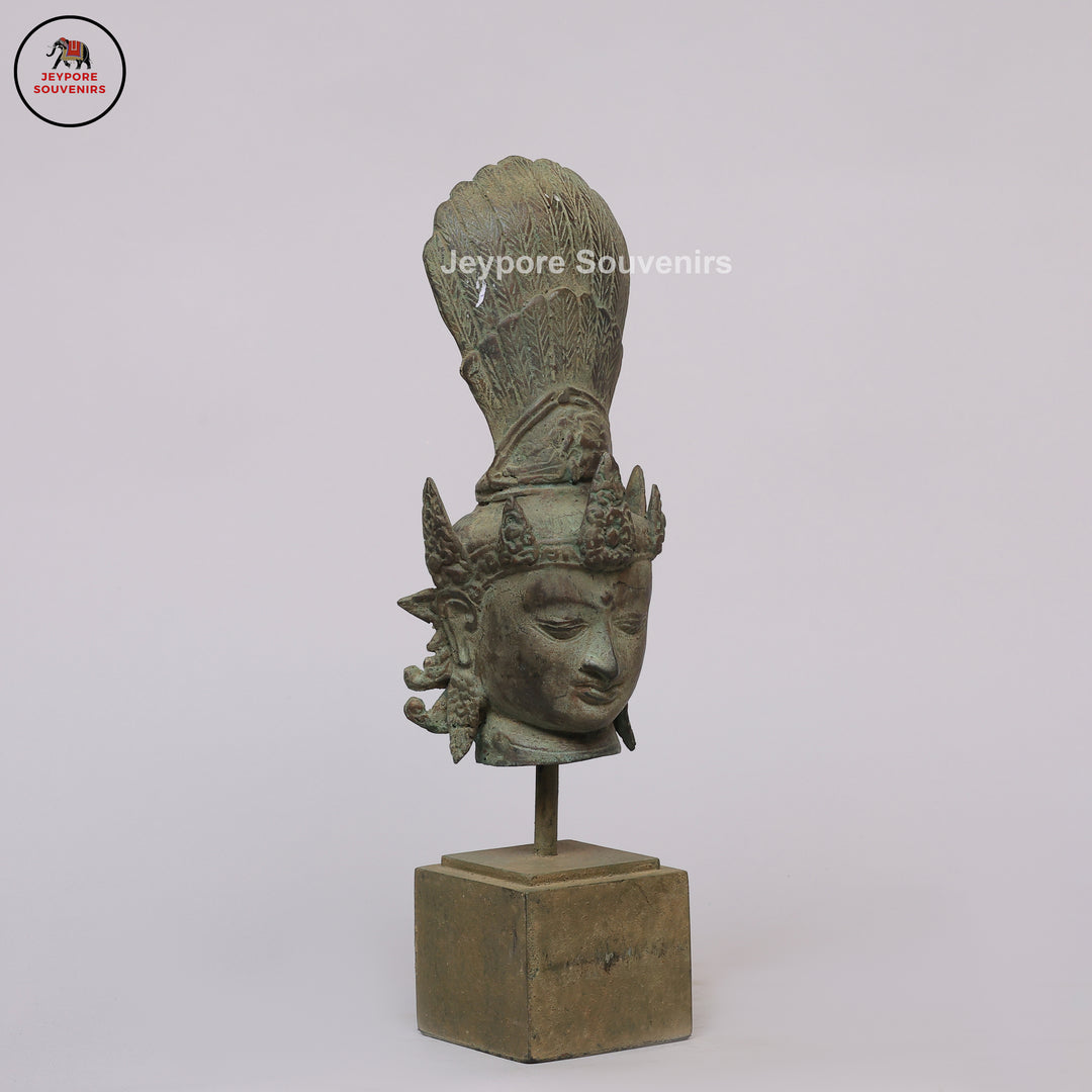 Antique Indonesian Bronze Deity Bust with Ornate Crown &amp; Green Patina