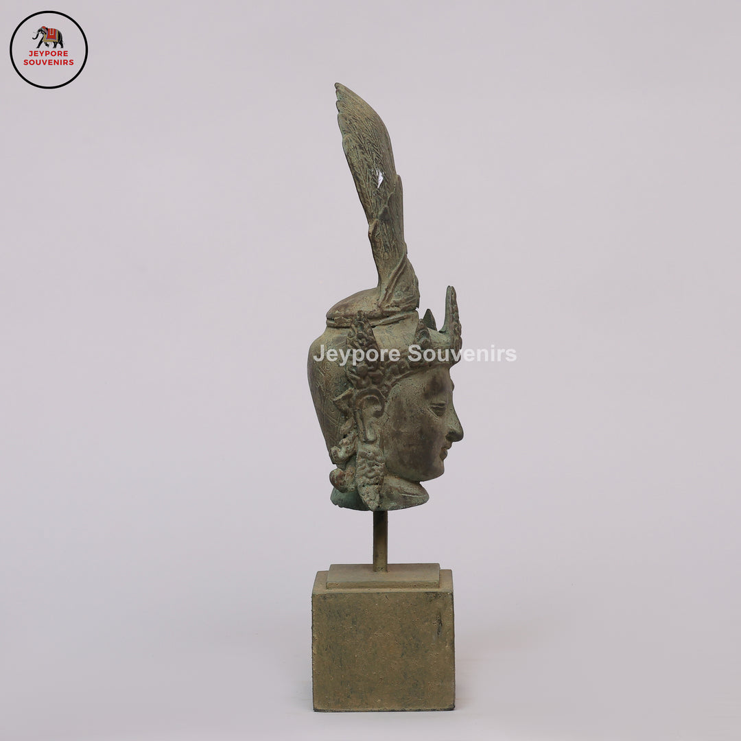 Antique Indonesian Bronze Deity Bust with Ornate Crown &amp; Green Patina