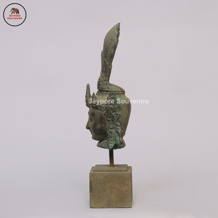 Antique Indonesian Bronze Deity Bust with Ornate Crown &amp; Green Patina