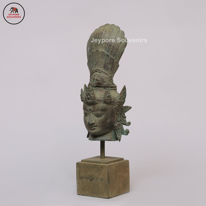 Antique Indonesian Bronze Deity Bust with Ornate Crown &amp; Green Patina