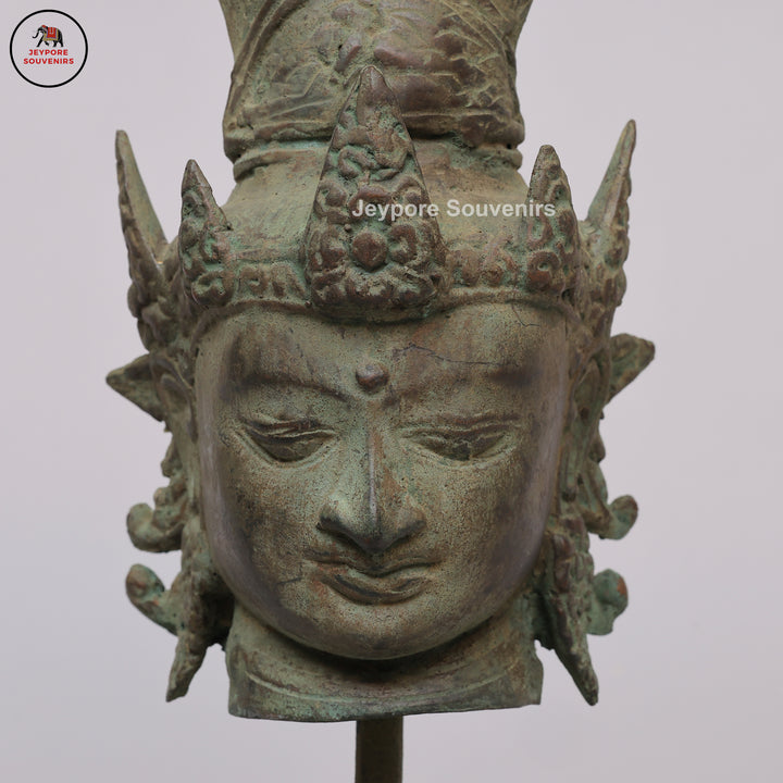 Antique Indonesian Bronze Deity Bust with Ornate Crown &amp; Green Patina
