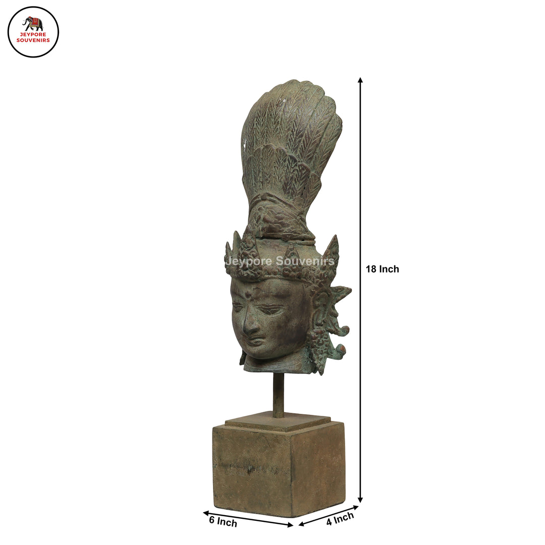 Antique Indonesian Bronze Deity Bust with Ornate Crown &amp; Green Patina