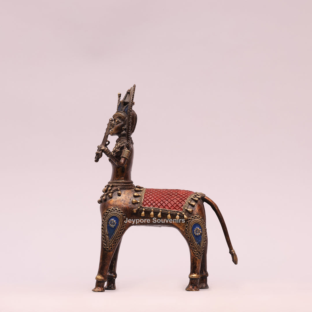 Antique Dhokra Brass Horse With Human Sculpture