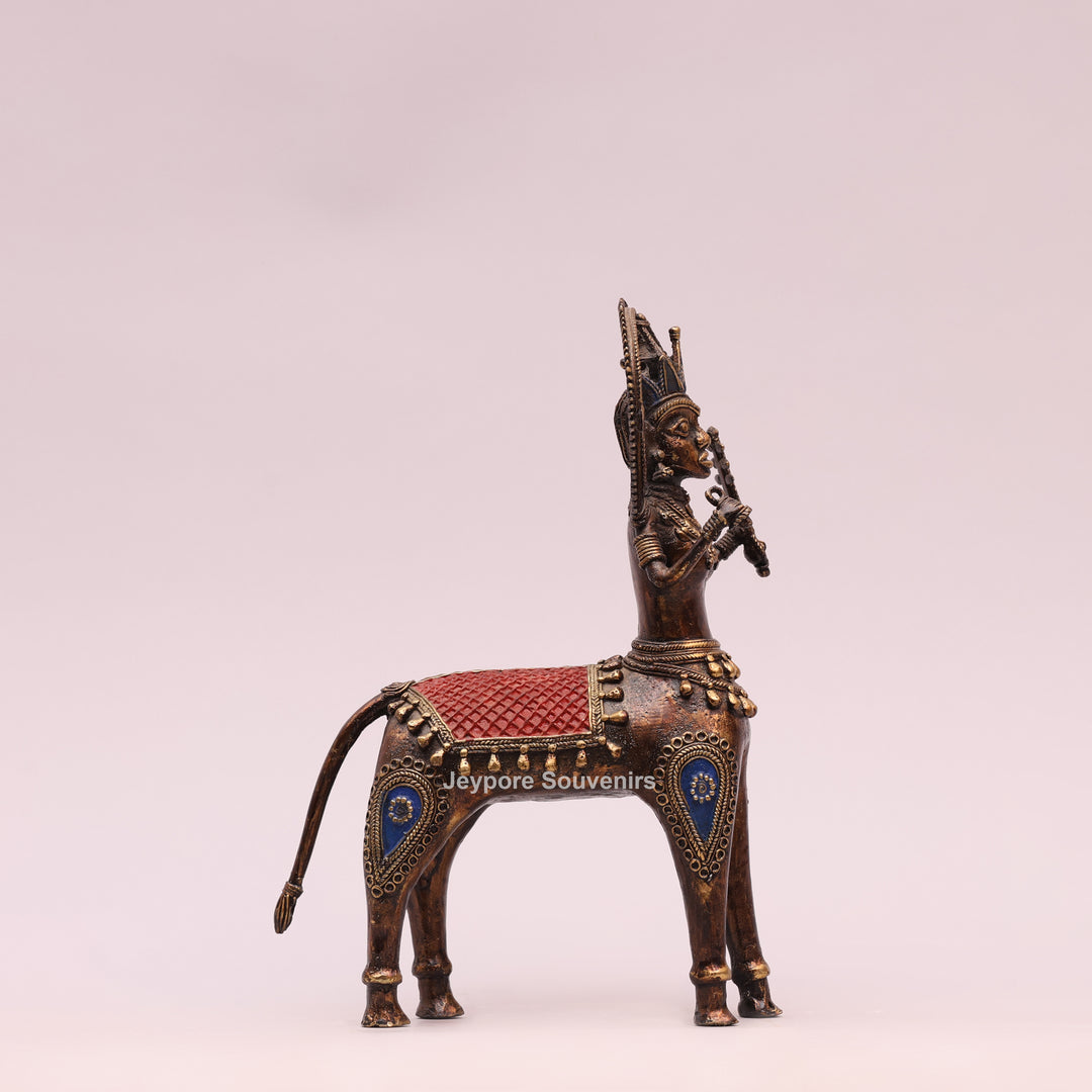 Antique Dhokra Brass Horse With Human Sculpture