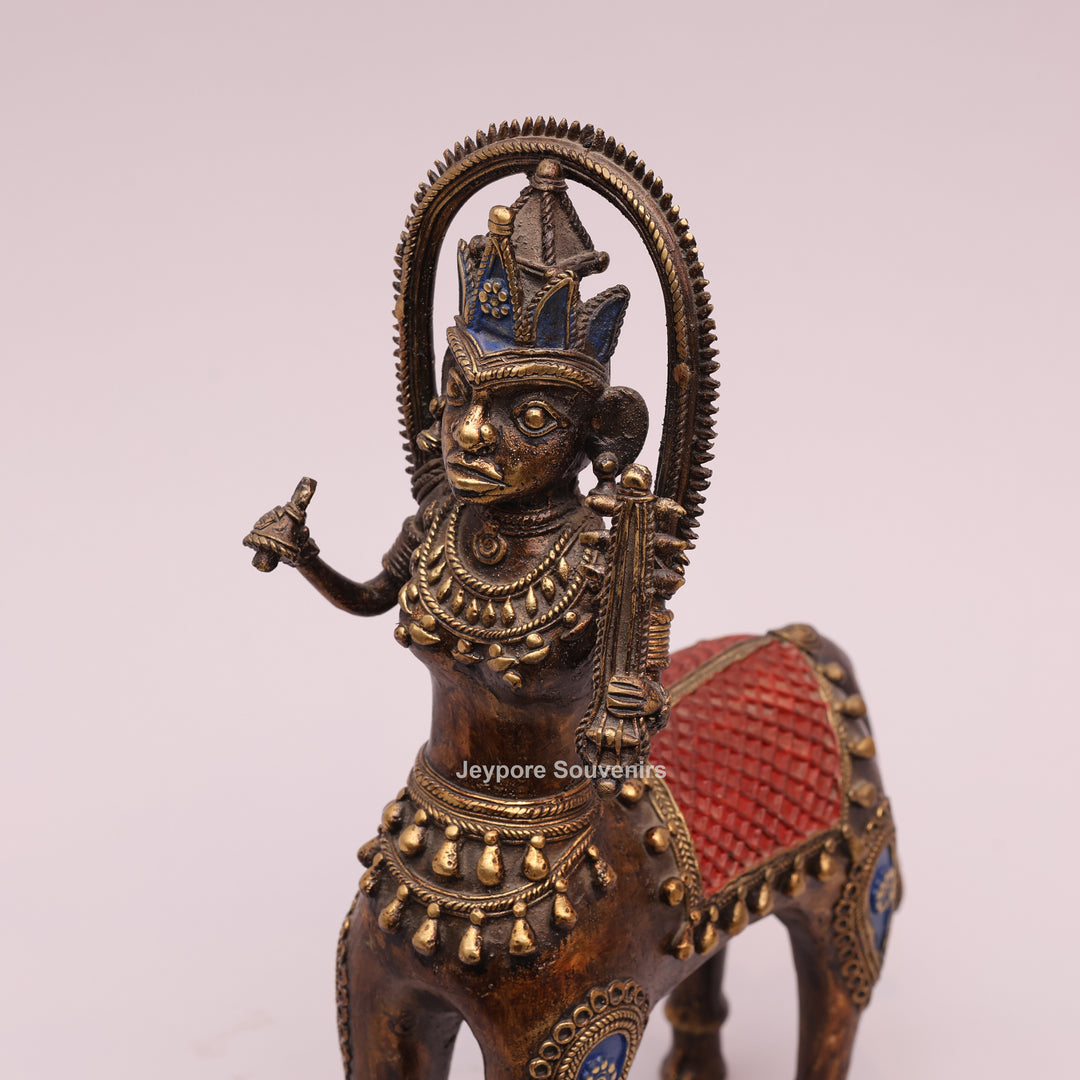 Antique Dhokra Brass Horse With Human Sculpture