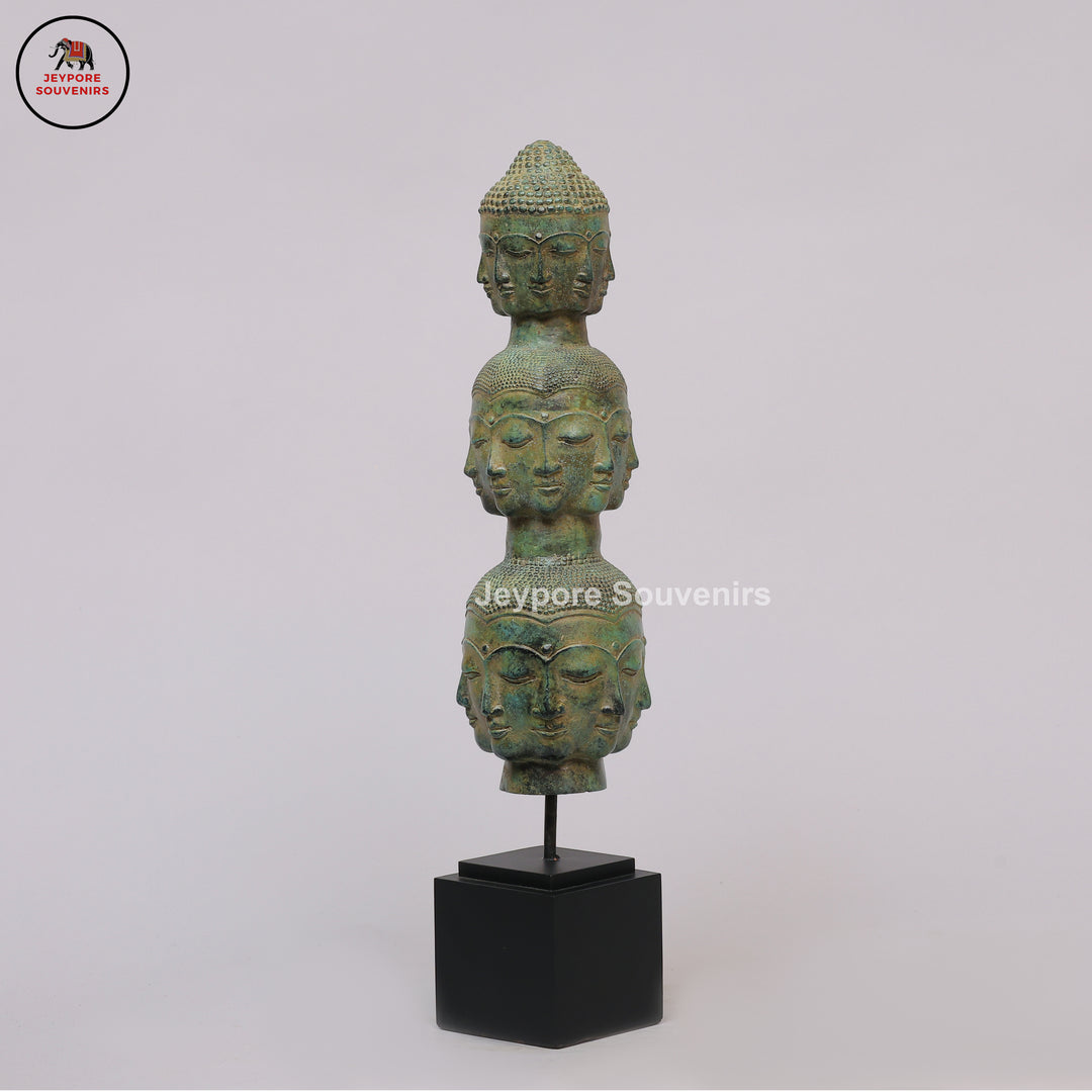 Handcrafted Bronze Multi-Faced Buddha Head Tower Sculpture