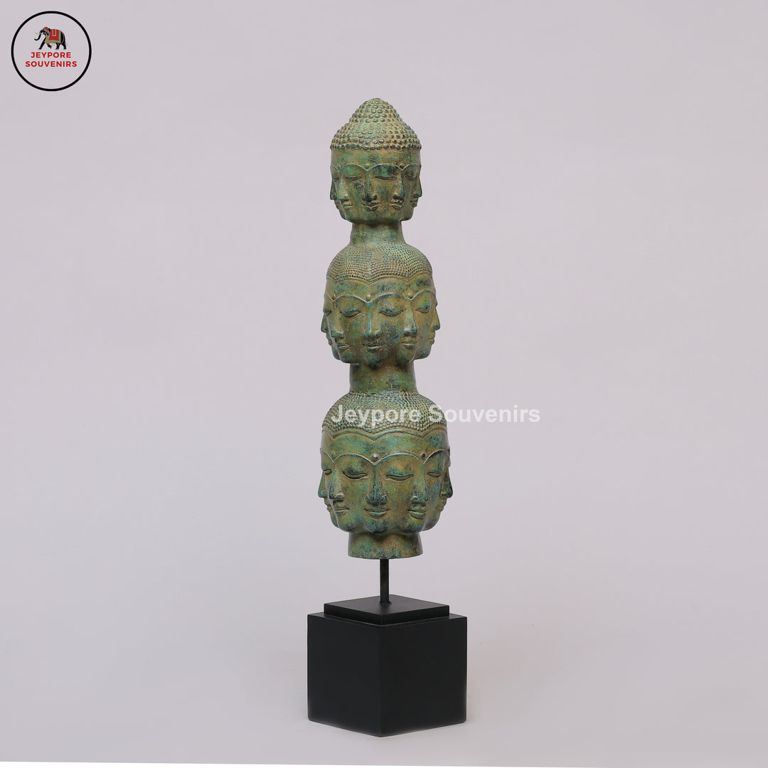 Handcrafted Bronze Multi-Faced Buddha Head Tower Sculpture