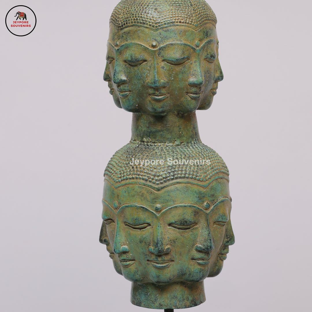 Handcrafted Bronze Multi-Faced Buddha Head Tower Sculpture