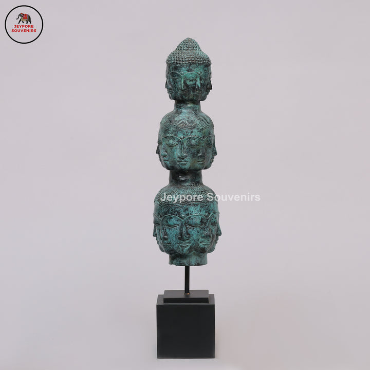 Multi-Faced Buddha Head Tower Sculpture with Wooden Base