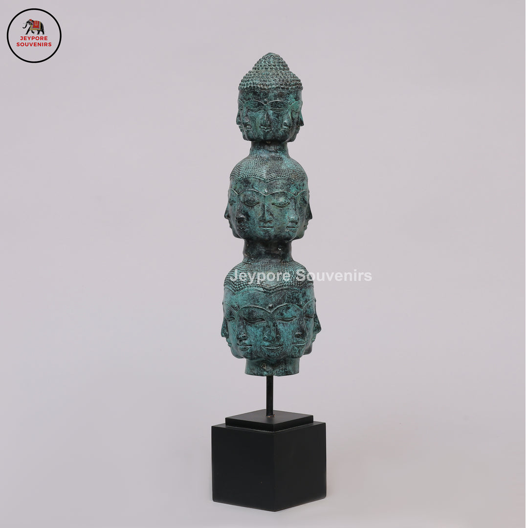 Multi-Faced Buddha Head Tower Sculpture with Wooden Base