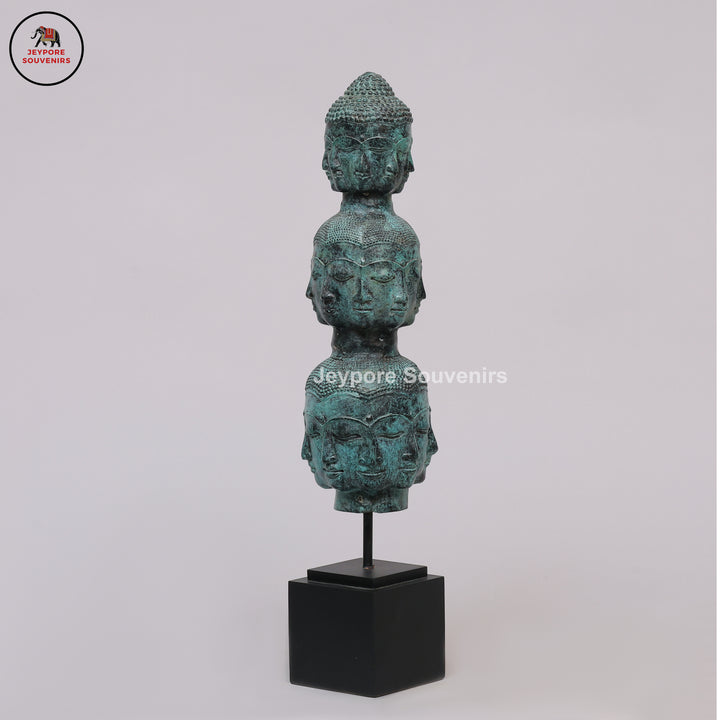 Multi-Faced Buddha Head Tower Sculpture with Wooden Base