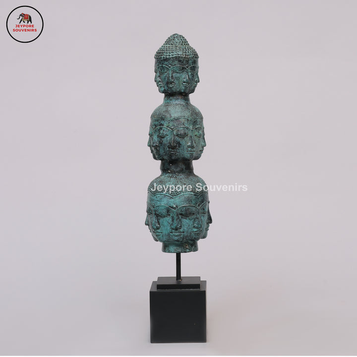 Multi-Faced Buddha Head Tower Sculpture with Wooden Base