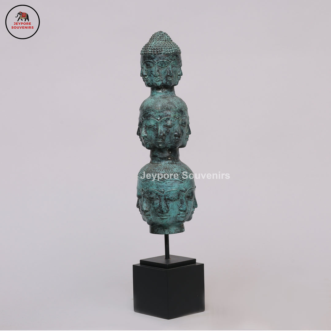 Multi-Faced Buddha Head Tower Sculpture with Wooden Base