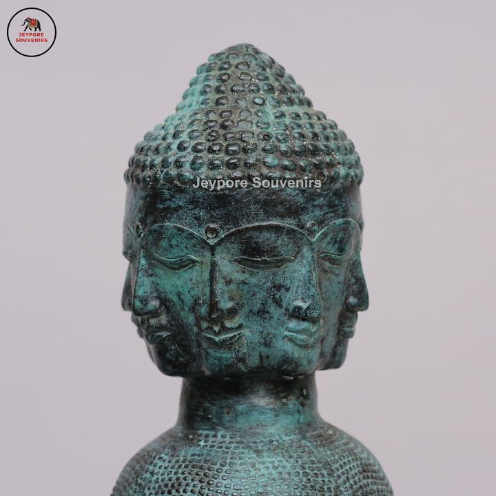 Multi-Faced Buddha Head Tower Sculpture with Wooden Base