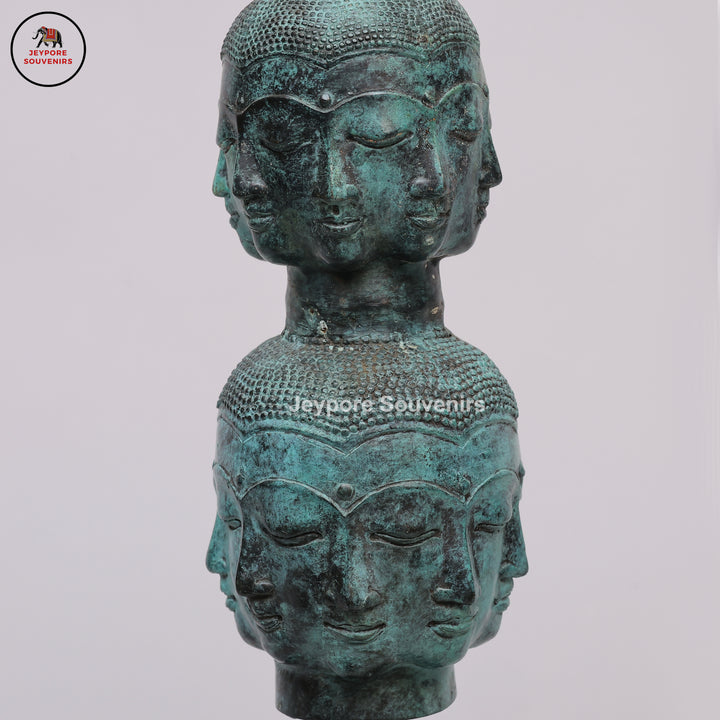 Multi-Faced Buddha Head Tower Sculpture with Wooden Base