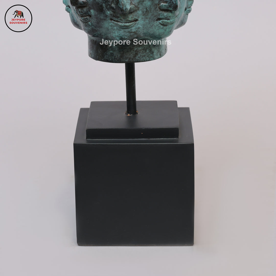 Multi-Faced Buddha Head Tower Sculpture with Wooden Base
