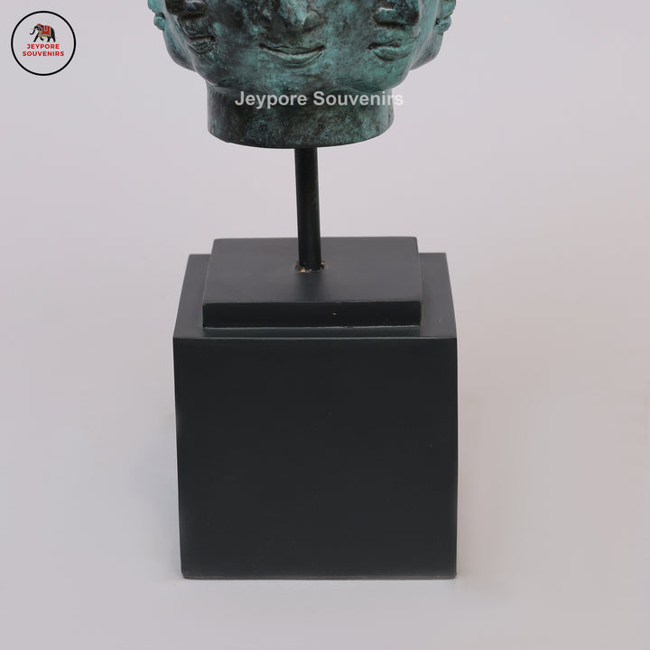 Multi-Faced Buddha Head Tower Sculpture with Wooden Base