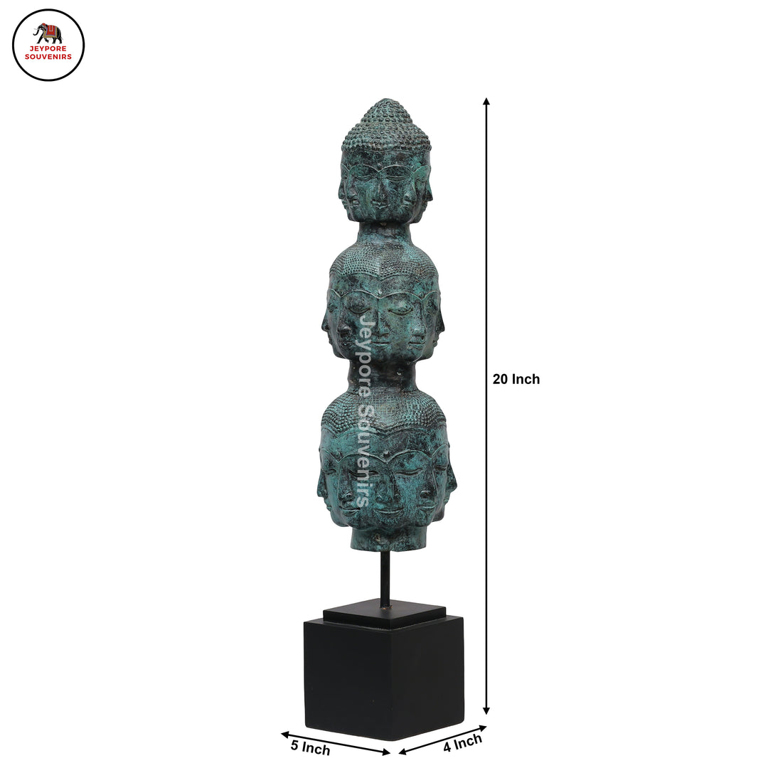 Multi-Faced Buddha Head Tower Sculpture with Wooden Base