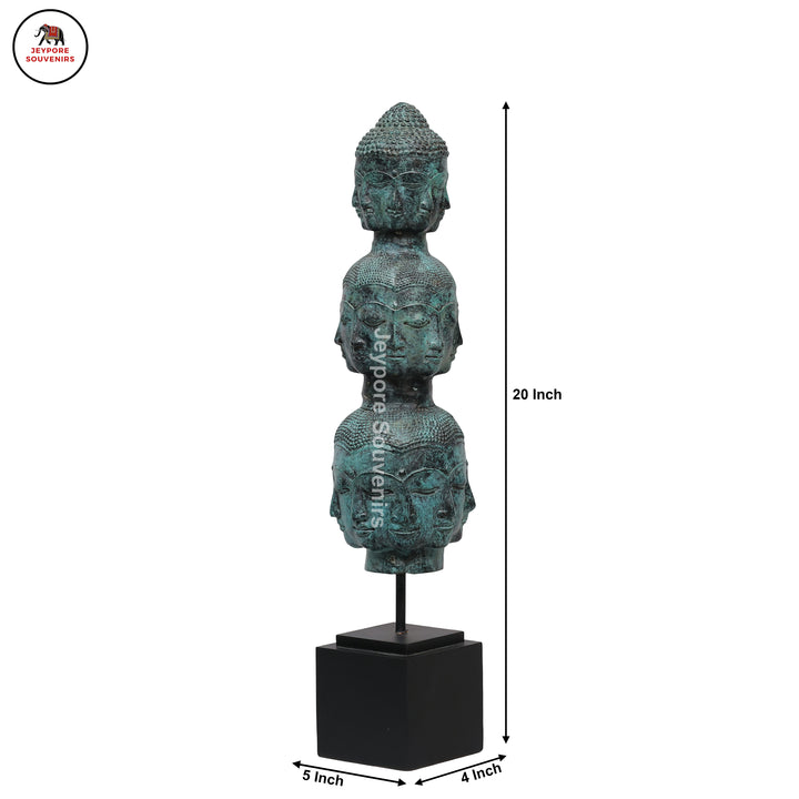 Multi-Faced Buddha Head Tower Sculpture with Wooden Base