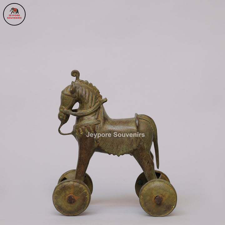 Traditional Vintage Brass Horse on Wheels Sculpture