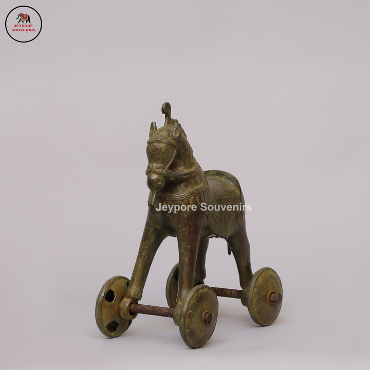 Traditional Vintage Brass Horse on Wheels Sculpture