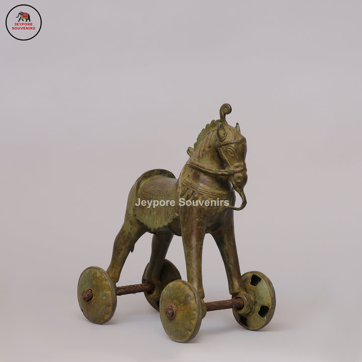 Traditional Vintage Brass Horse on Wheels Sculpture