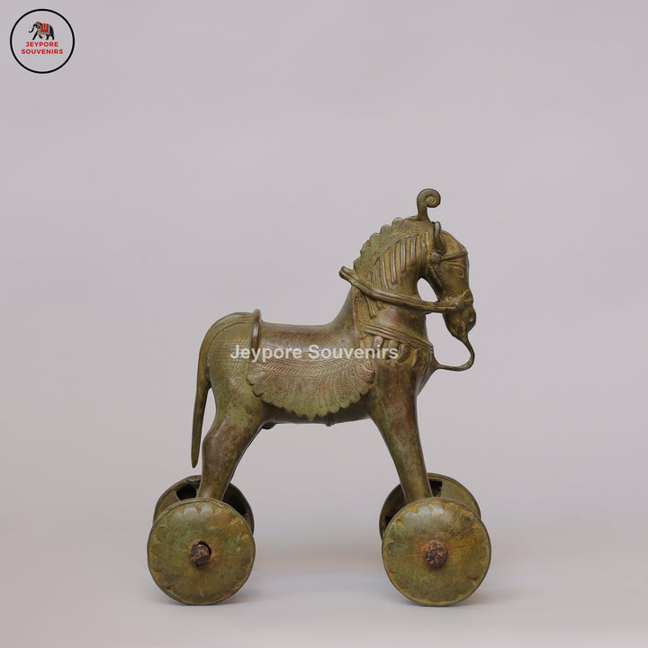 Traditional Vintage Brass Horse on Wheels Sculpture