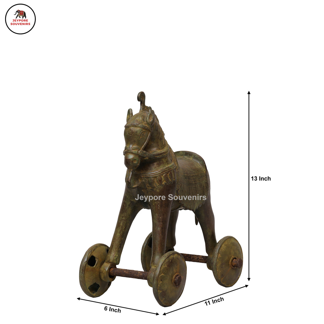 Traditional Vintage Brass Horse on Wheels Sculpture