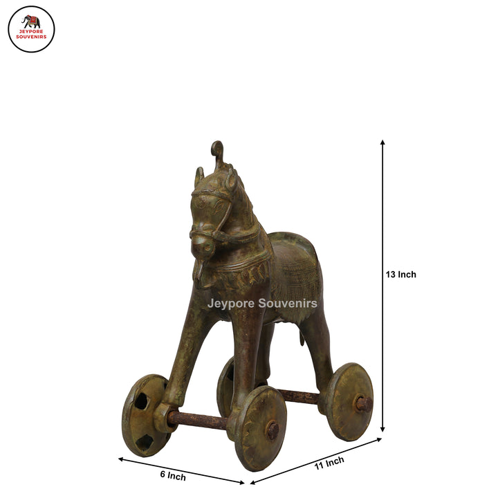 Traditional Vintage Brass Horse on Wheels Sculpture