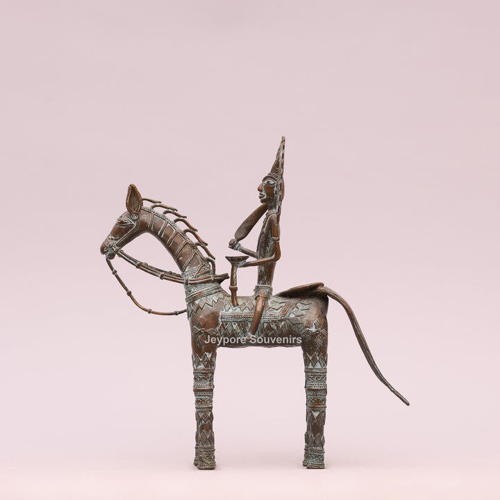 Antique Dhokra Tribal Horse With Rider Brass Statue
