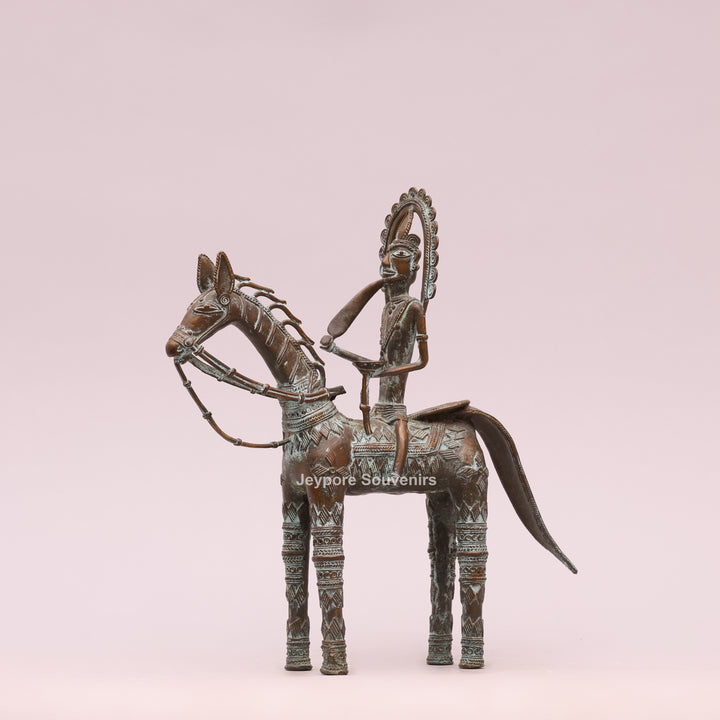 Antique Dhokra Tribal Horse With Rider Brass Statue