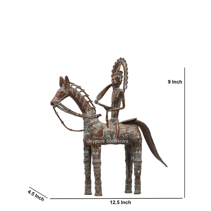 Antique Dhokra Tribal Horse With Rider Brass Statue