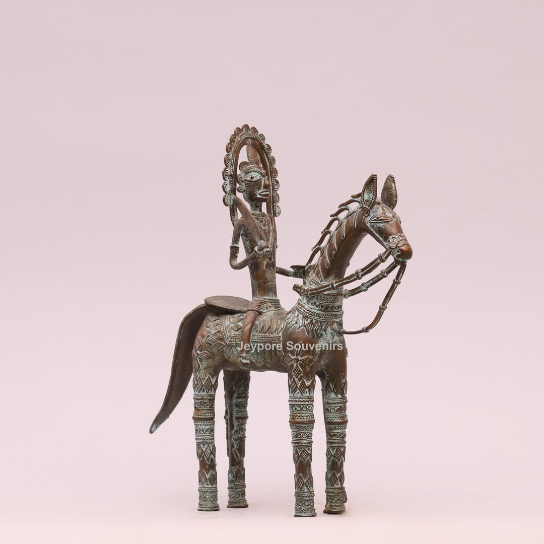 Antique Dhokra Tribal Horse With Rider Brass Statue